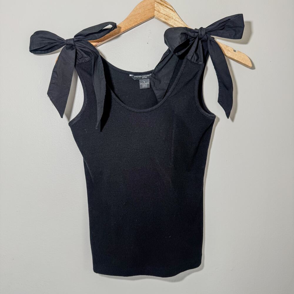 French Connection Black Ribbed Knit Tie Shoulder Tank Top S